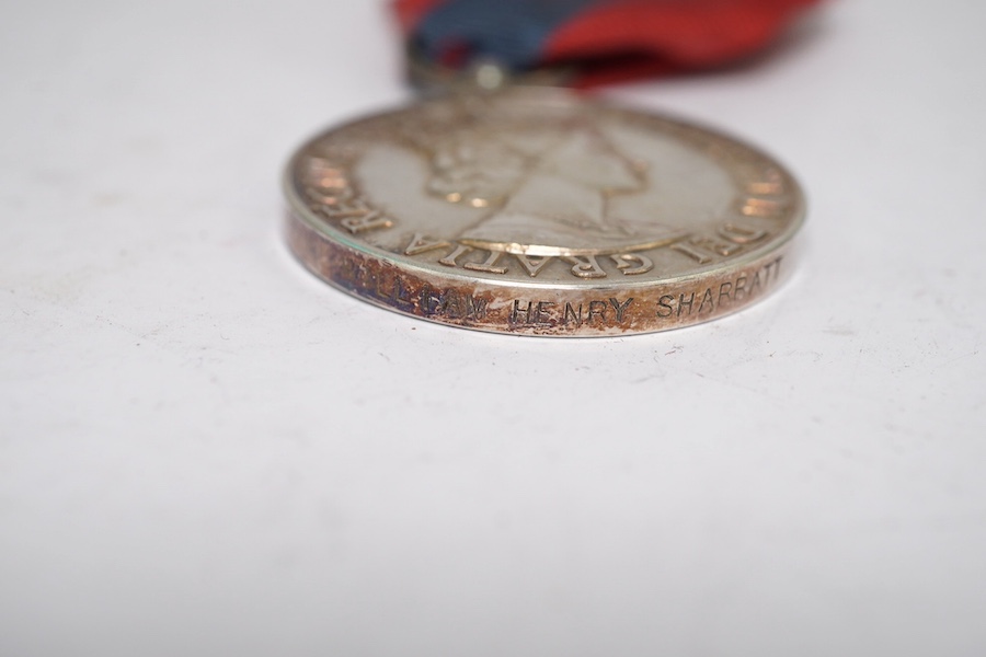 Four assorted Service medals; Vict unnamed Volunteer Long Service medal; GV Colonial Auxiliary Forces Long Service medal (disc only) to E.S.Ware; ERII ISM to Thomas Edward Downes; ERII ISM to William Henry Sharratt. Cond